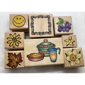 Small Rubber Stamp Lot of 8 Nature Leaf‎ Flower Grape Smiley Face Daffodil Pie